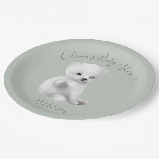 セージ緑の極熊の赤ちゃんシャワー ペーパープレート (アングル)