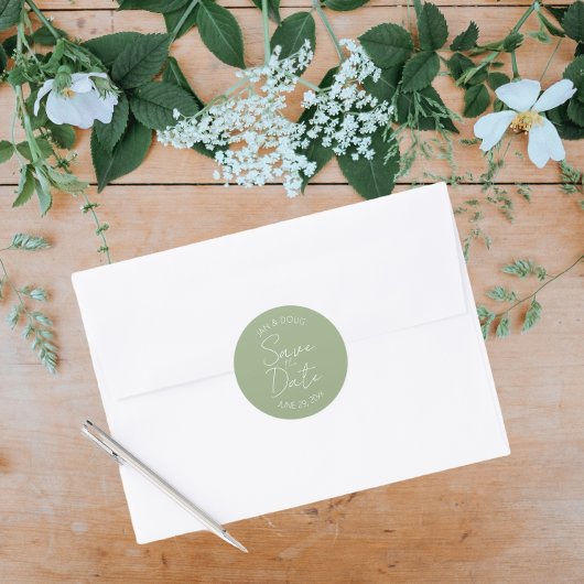 セージ緑の様式化された結婚式の日付を保存 ラウンドシール