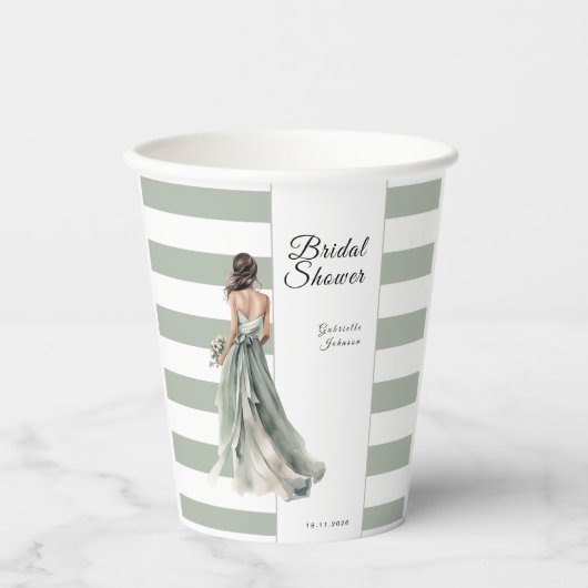 セージ緑の水の色のストライプブライダルシャワー 紙コップ (正面)
