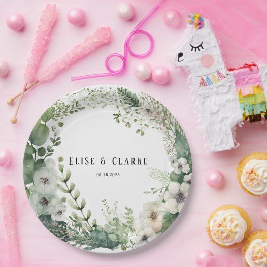 セージ緑の水の色の牡丹結婚の ペーパープレート (パーティー)