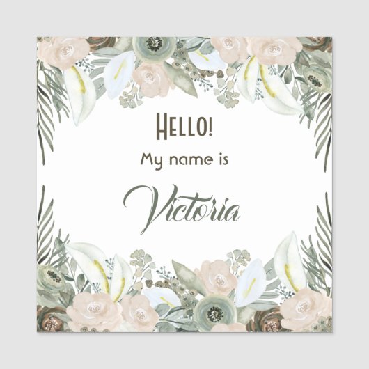 セージ緑の水の色の花の大きな正方形 名札 (正面)
