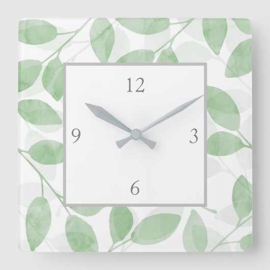セージ緑の水の色の葉 スクエア壁時計 (正面)