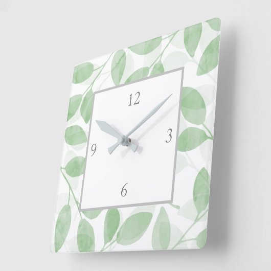 セージ緑の水の色の葉 スクエア壁時計 (傾斜)