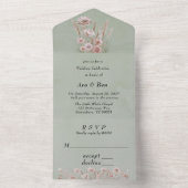 セージ緑の水の色ピンクの牡丹結婚の オールインワン招待状 (内側)