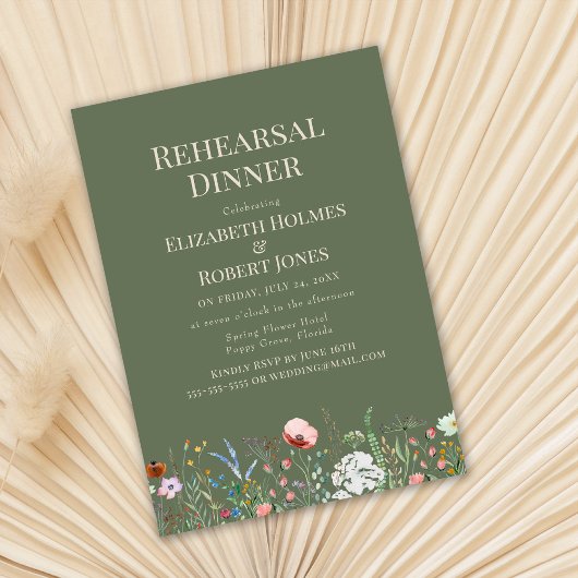 セージ緑の水の色ワイルドフラワーリハーサルディナー 招待状