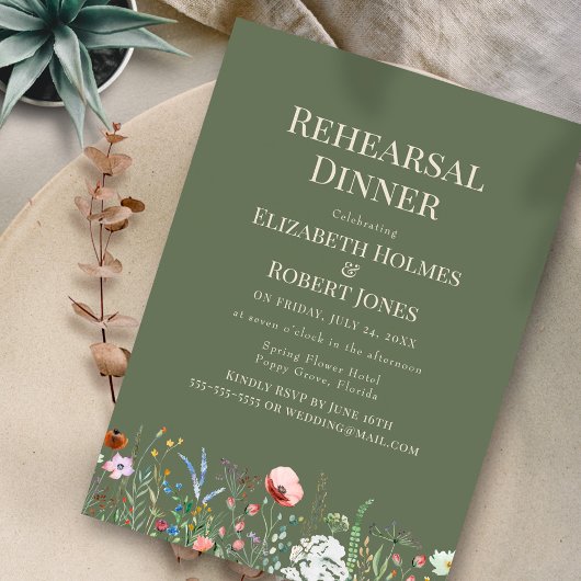 セージ緑の水の色ワイルドフラワーリハーサルディナー 招待状