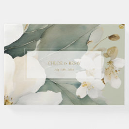 セージ緑の水彩の花と葉結婚の色 ゲストブック