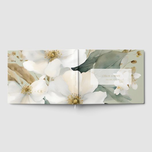 セージ緑の水彩の花と葉結婚の色 ゲストブック (全面)