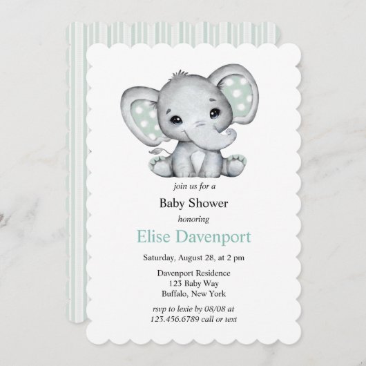 セージ緑の水彩象の赤ちゃんシャワー 招待状 (正面/裏面)