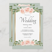 セージ緑の水色のフローラ結婚ズ 招待状 (正面/裏面)