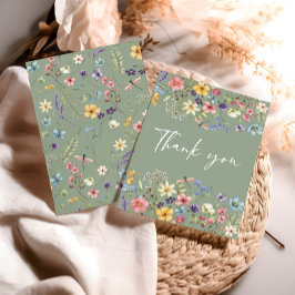 セージ緑の水色の蝶とワイルドフラワー サンキューカード