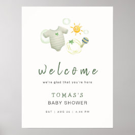 セージ緑の水色の赤ちゃん服ウェルカムサイン ポスター