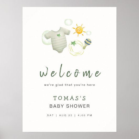 セージ緑の水色の赤ちゃん服ウェルカムサイン ポスター (正面)