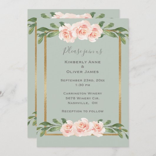 セージ緑の水色ロマンチックなフローラ結婚ズ 招待状 (正面/裏面)