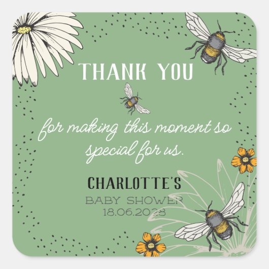 セージ緑の泡立つミツバチありがとう赤ちゃんシャワー スクエアシール (正面)