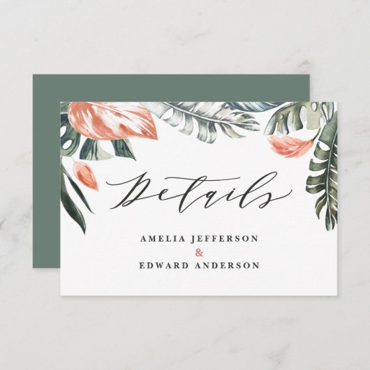 セージ緑の熱帯の葉結婚の詳細カード 出欠カード (正面/裏面)