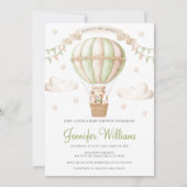 セージ緑の熱気球テディベア赤ちゃんシャワー 招待状 (正面)