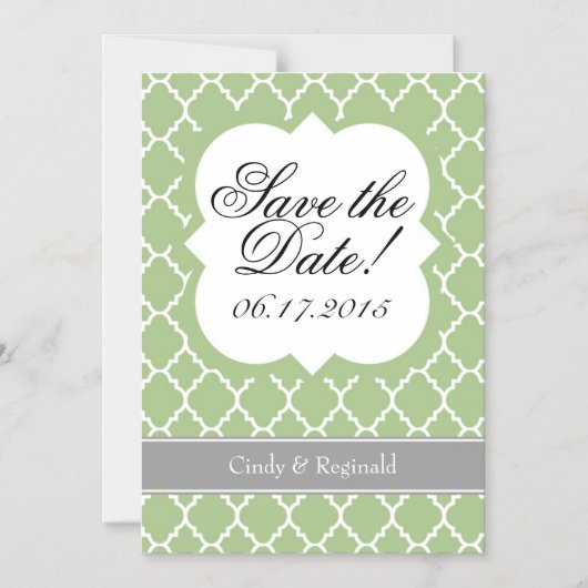 セージ緑の白いクローバー日付磁石を保存 マグネット招待状 (正面)