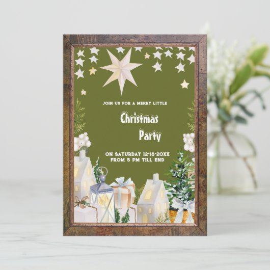 セージ緑の白い冬のクリスマスパーティの招待状 (スタンド正面)