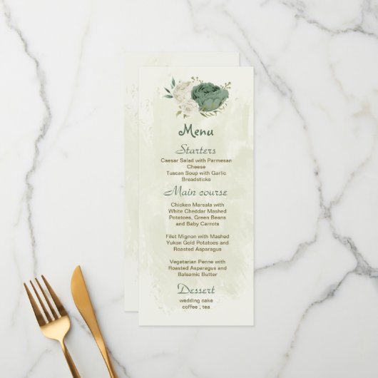 セージ緑の白い花の植物性結婚植物 メニュー (正面/裏面インサイチュ)