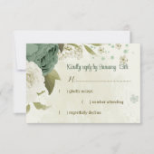 セージ緑の白い花の植物性結婚植物 出欠カード (正面)