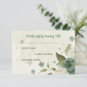 セージ緑の白い花の植物性結婚植物 出欠カード (スタンド正面)