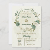 セージ緑の白い花の植物性結婚植物 招待状 (正面)