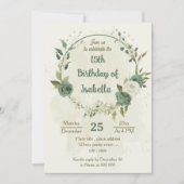 セージ緑の白い花の植物誕生日 招待状 (正面)