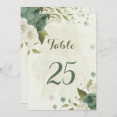 セージ緑の白い花の表の番号 招待状 (正面/裏面)