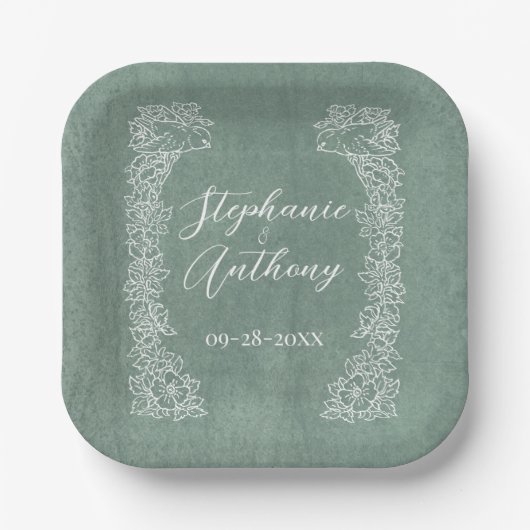 セージ緑の白い鳥の野草縁どかわいらし ペーパープレート (正面)