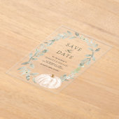 セージ緑の白かぼちゃの結婚式の日付を保存 アクリル招待状 (レイダウン)