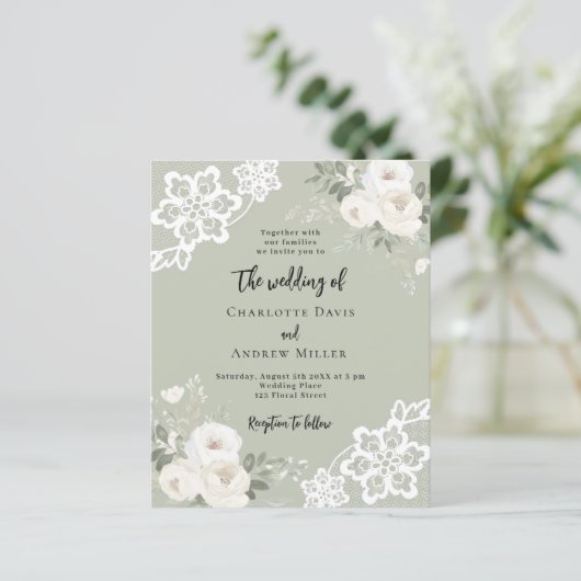 セージ緑の白のバラの緑の結婚式招待状 (スタンド正面)