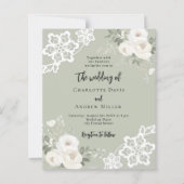 セージ緑の白のバラの緑の結婚式招待状 (正面)