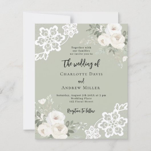 セージ緑の白のバラの緑の結婚式招待状 (正面)