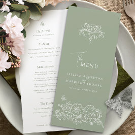 セージ緑の白モノグラム結婚（紋章の）フラ・ダ・リ メニュー