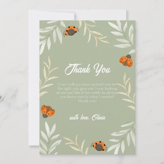 セージ緑の秋ラディバグ緑のベビーシャワー サンキューカード (正面)