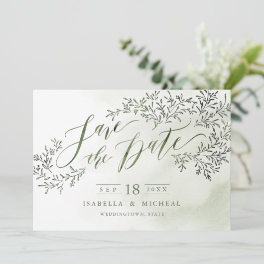 セージ緑の素朴なフローラ書の日付を保存 セーブザデート (スタンド正面)