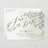 セージ緑の素朴なフローラ書の日付を保存 案内ポストカード (正面/裏面)