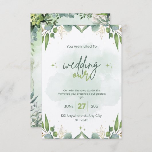 セージ緑の結婚式招待状テンプレート編集可能 招待状 (正面/裏面)
