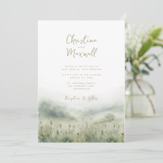セージ緑の結婚式招待状パーソナライズされたスクリプト 招待状 (スタンド正面)