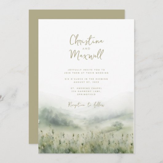 セージ緑の結婚式招待状パーソナライズされたスクリプト 招待状 (正面/裏面)