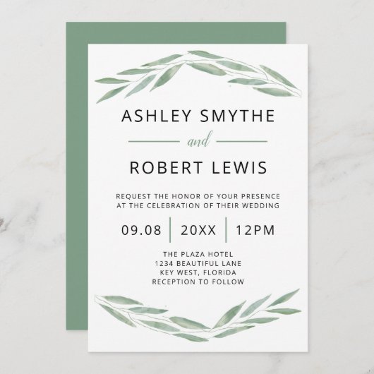 セージ緑の結婚式招待状、水の色の招待 招待状 (正面/裏面)