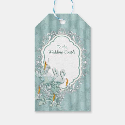 セージ緑の絹のカーテンとフラミンゴスの花 ギフトタグ (正面)