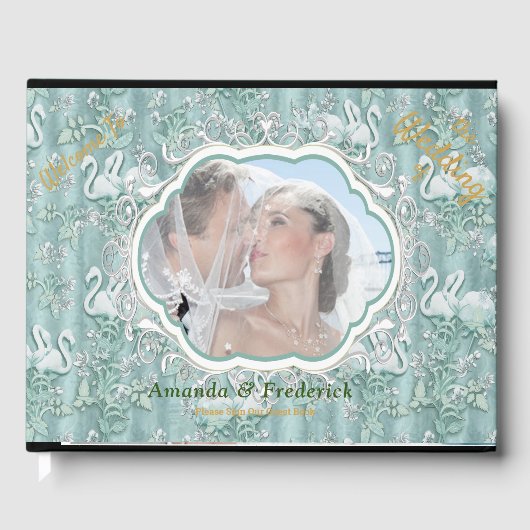 セージ緑の絹のカーテンとフラミンゴスの花 ゲストブック (正面)