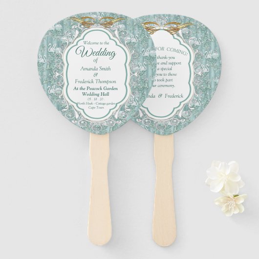 セージ緑の絹のカーテンとフラミンゴスの花 ハンドファン (正面&裏面)