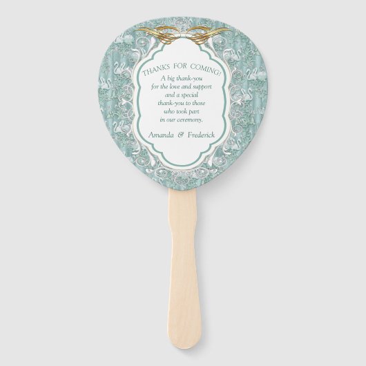 セージ緑の絹のカーテンとフラミンゴスの花 ハンドファン (裏面)