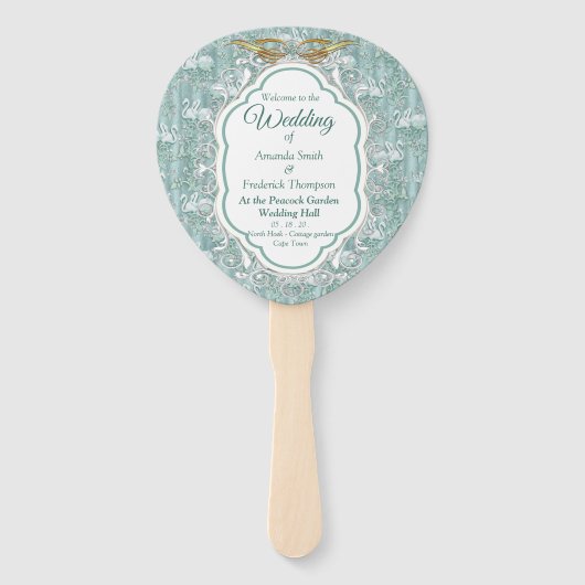 セージ緑の絹のカーテンとフラミンゴスの花 ハンドファン (正面)