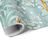 セージ緑の絹のカーテンとフラミンゴスの花 ラッピングペーパー (ロールコーナー)