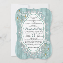 セージ緑の絹のカーテンとフラミンゴスの花 招待状