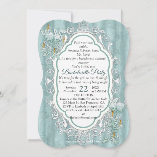 セージ緑の絹のカーテンとフラミンゴスの花 招待状 (正面)